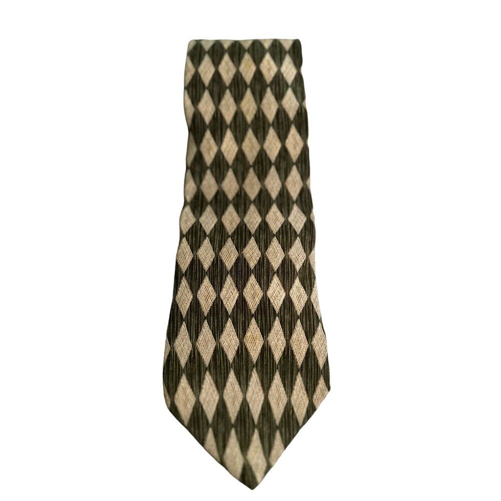 Vintage Executive Collection Army Olive Green Diamond Pattern Silk Made in USA
